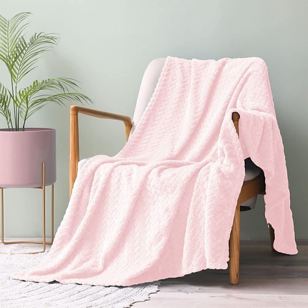 Baby Pink Knit Jacquard Weave Pattern Decorative Warm Flannel Couch Cozy Blanket - Picture 1 of 16